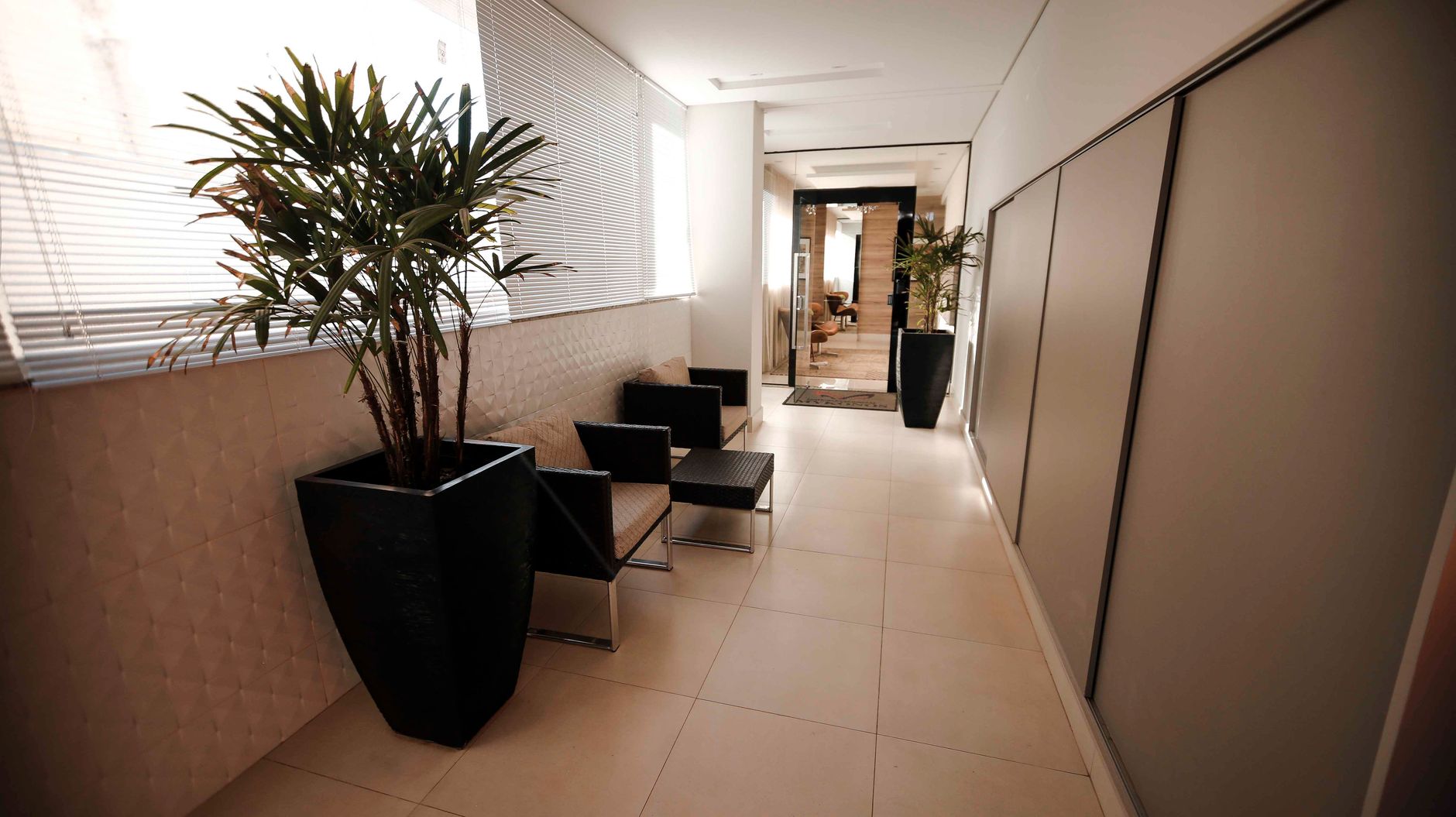 En gang med en stor potteplante og stole ved vinduet